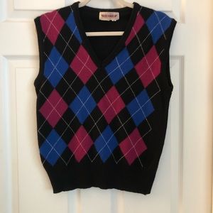 Women’s argyle sweater vest, pink, blue and black